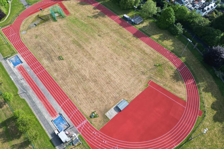 A bird's eye view photograph of the newly resurfaced track at Tavistock Athletic Club.